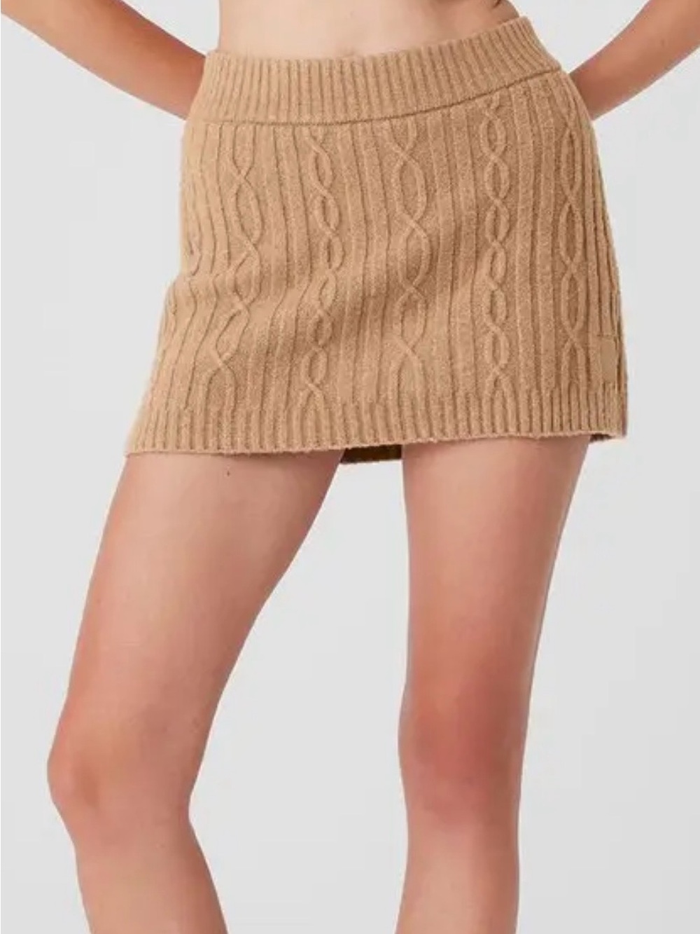 ALO Yoga Cable-Knit Mini Skirt in Camel Tan